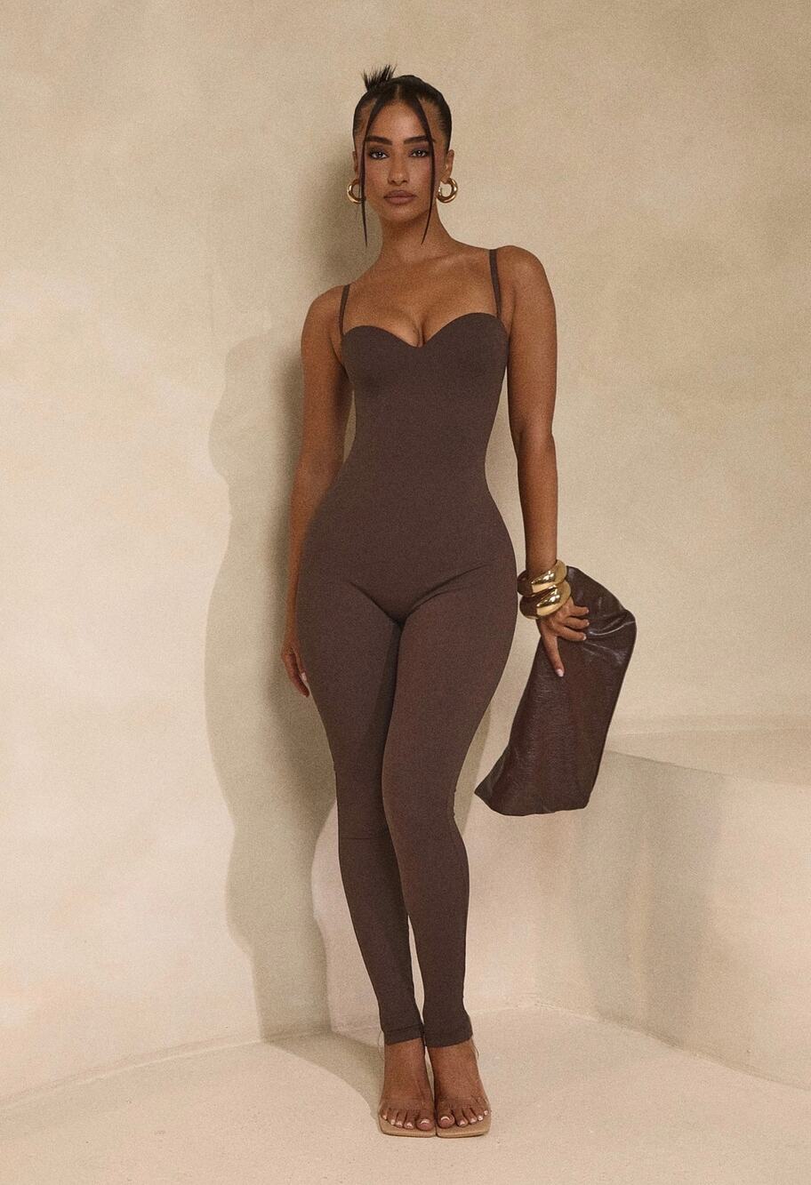 Mars The Label Sculpt Jumpsuit Size 10 Brown Corset Bustier Bodycon EUC